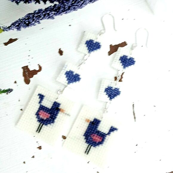 BOGO EARRINGS - Love Birds Cross Stitch Dangle Earrings 5" - Picture 3 of 5